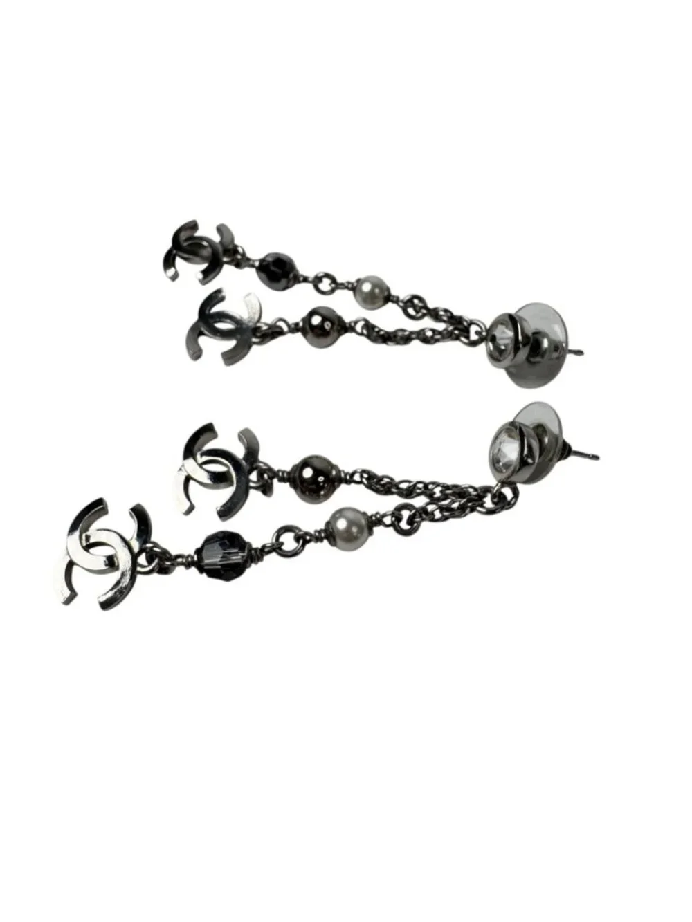 Chanel CC Logo Long Drop Earrings Light Stone Pearl